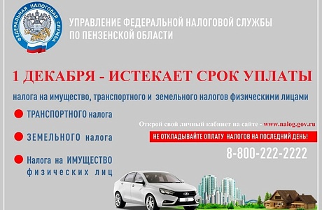 1 декабря 2021 года, истекает срок уплаты имущественных налогов физических лиц